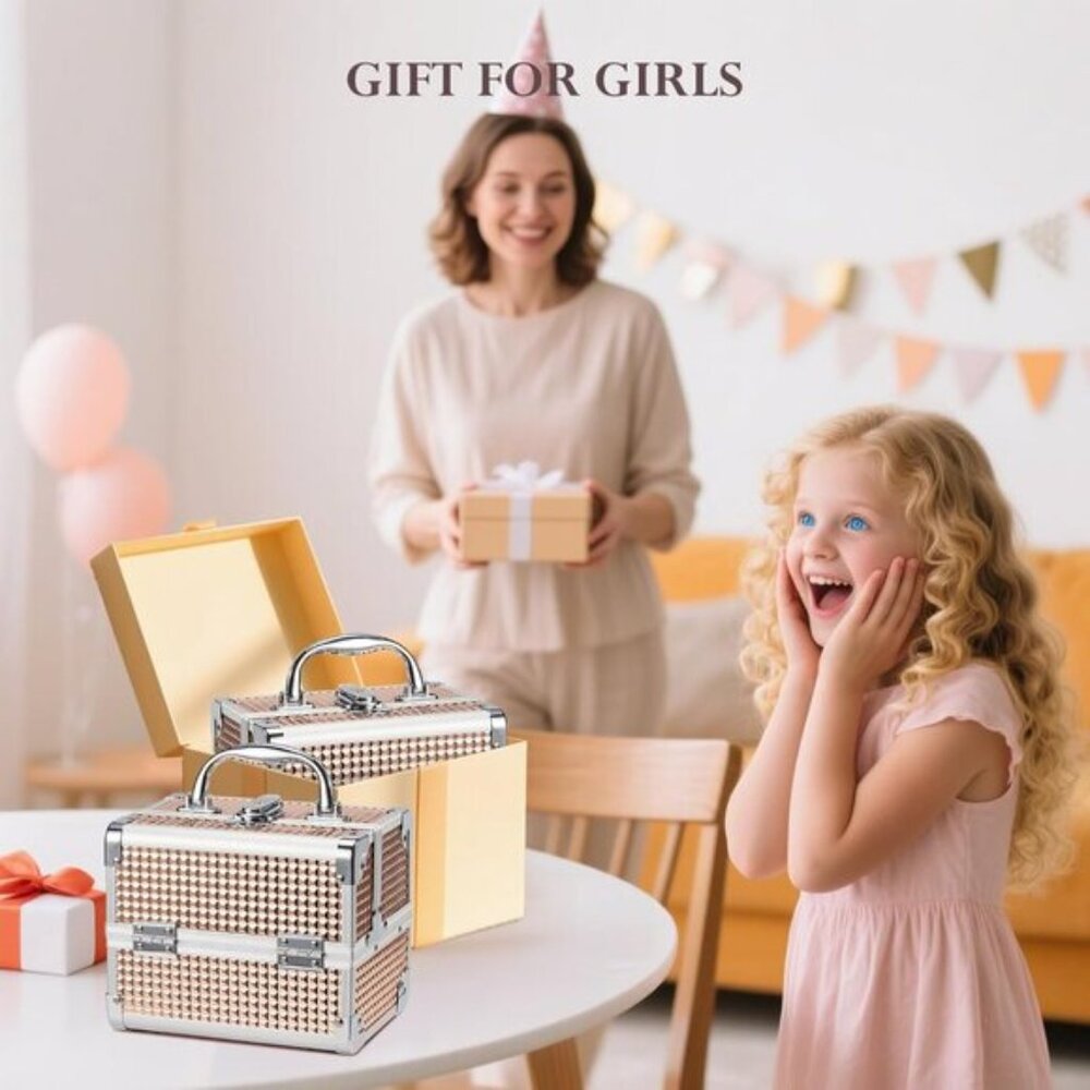 New Rose Gold Kids Makeup Train Case, Lockable Box with Mirror for Travel Use - Picture 8 of 10